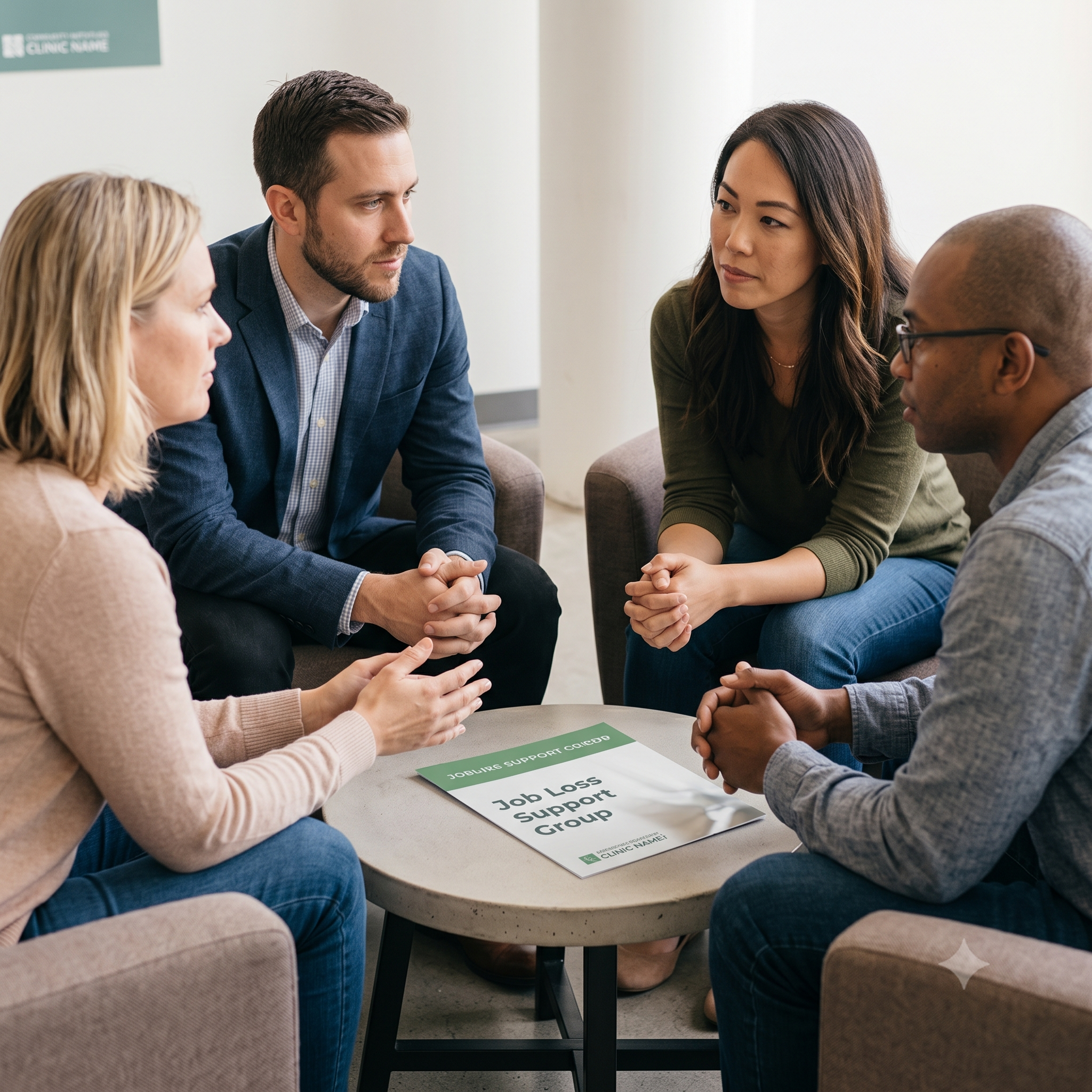 Four people engaged in a empathetic discussion during a Job Loss Support Group meeting at a mental health specialty clinic.